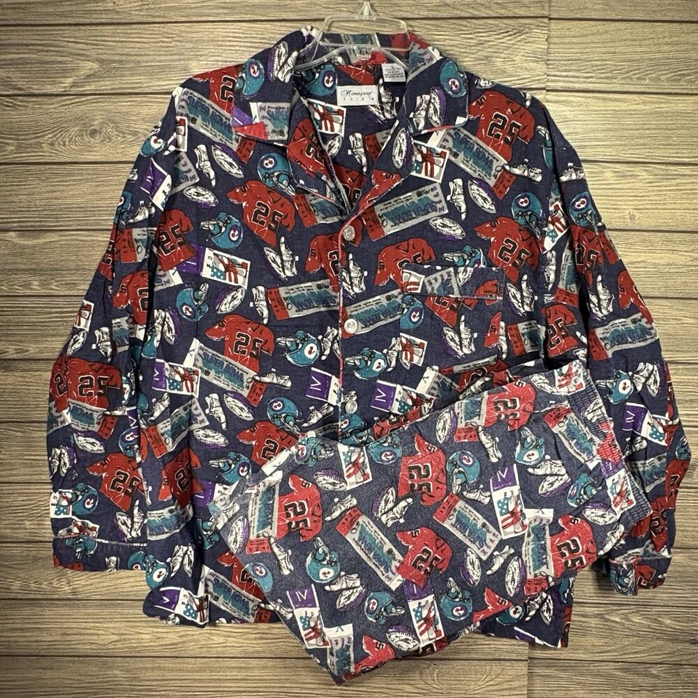 Vintage Hemingway Point Mens Flannel Pajamas Large Football Long Sleeve Pant 90s